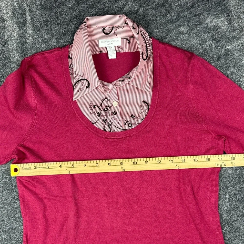Charter‎ Club Petite Pink Silk Blend Layered Look Sweater Floral Trim P/S